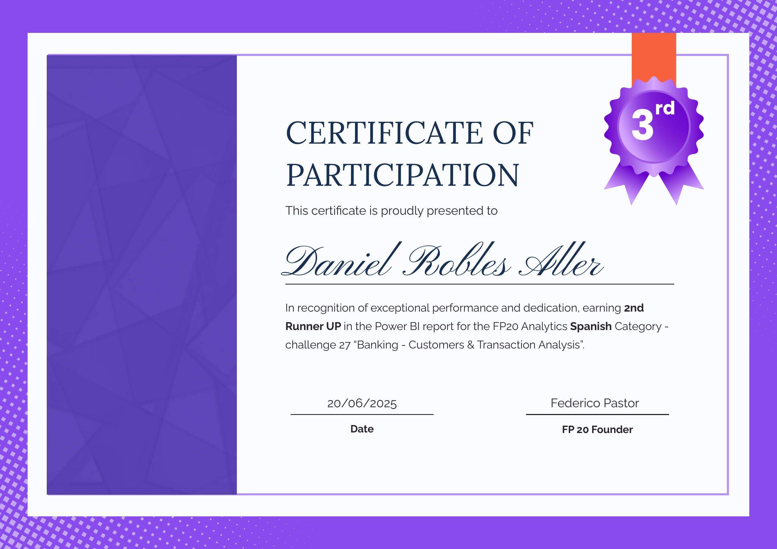 2nd Runner Up FP20 Analytics Challenge 27 certificate — Daniel Robles Aller